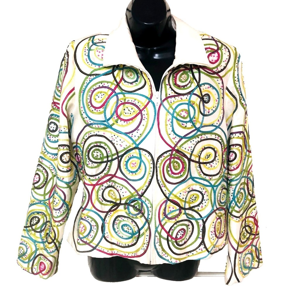 Y2K ANAGE Womens Silk Jacket Size S Embroider Beads Lined Abstract Artsy BOHO